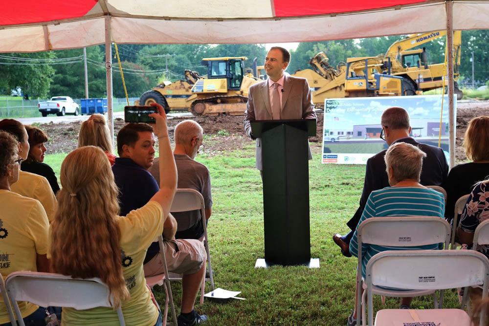 NEW DELAWARE
Springfield Public Schools Superintendent John Jungmann speaks at the Aug. 26 groundbreaking ceremony for Delaware Elementary School, 1505 S. Delaware Ave. The 1951-built school was demolished and the $11 million construction project is funded through voter-approved bonds in April. When completed in August 2020, officials say the school will serve up to 350 students and address accessibility and security challenges, as well as providing a safe room. 